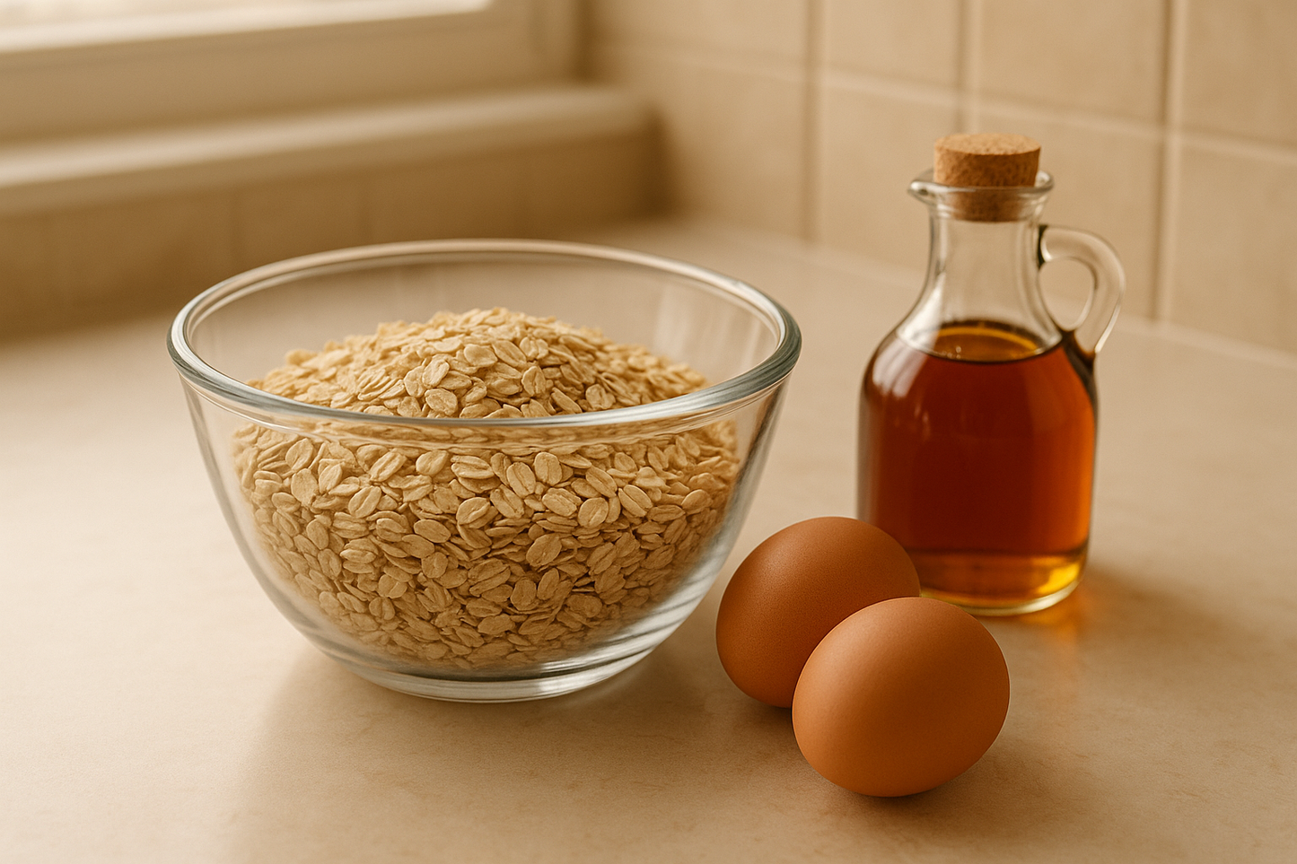 Can you create an image that includes a glass mixing bowl with oats inside, two brown eggs, and maple syrup?
